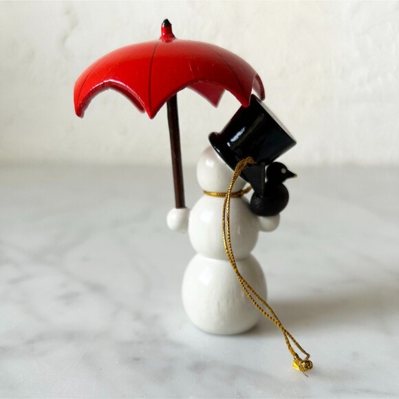 Vintage Snowman with Umbrella & Blackbird Wooden Christmas Ornament Germany - Picture 4 of 6